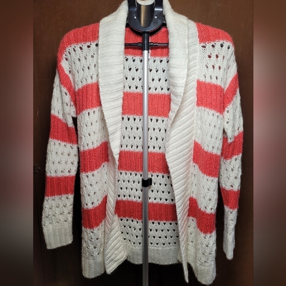 Women's Sz M Aeropostale Open Front Lightweight Cardigan Sweater White Pink EUC